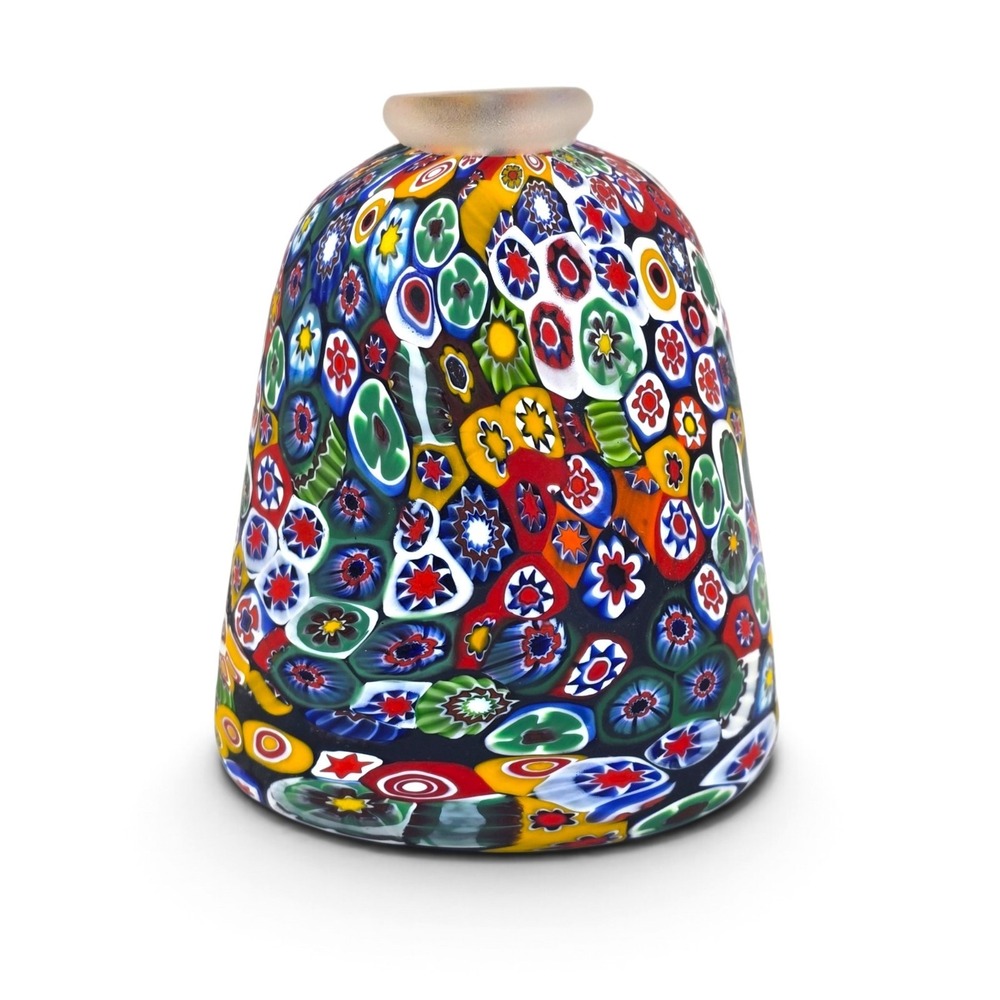 Vintage Millefiori Art Glass Bell Murrine Flowers Frosted Handle 3.5"